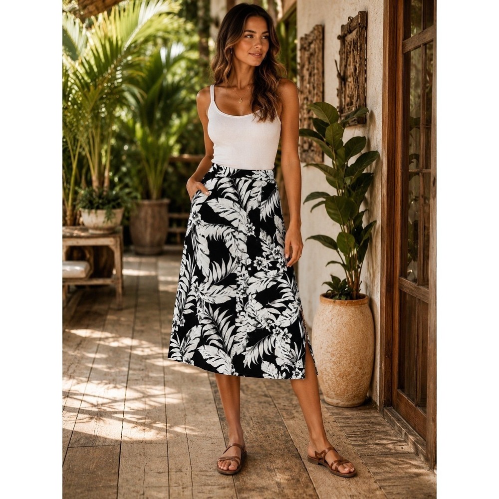 Lane Bryant Tropical Palm Print‎ Midi Skirt Black White Plus Size 14/16 NWT